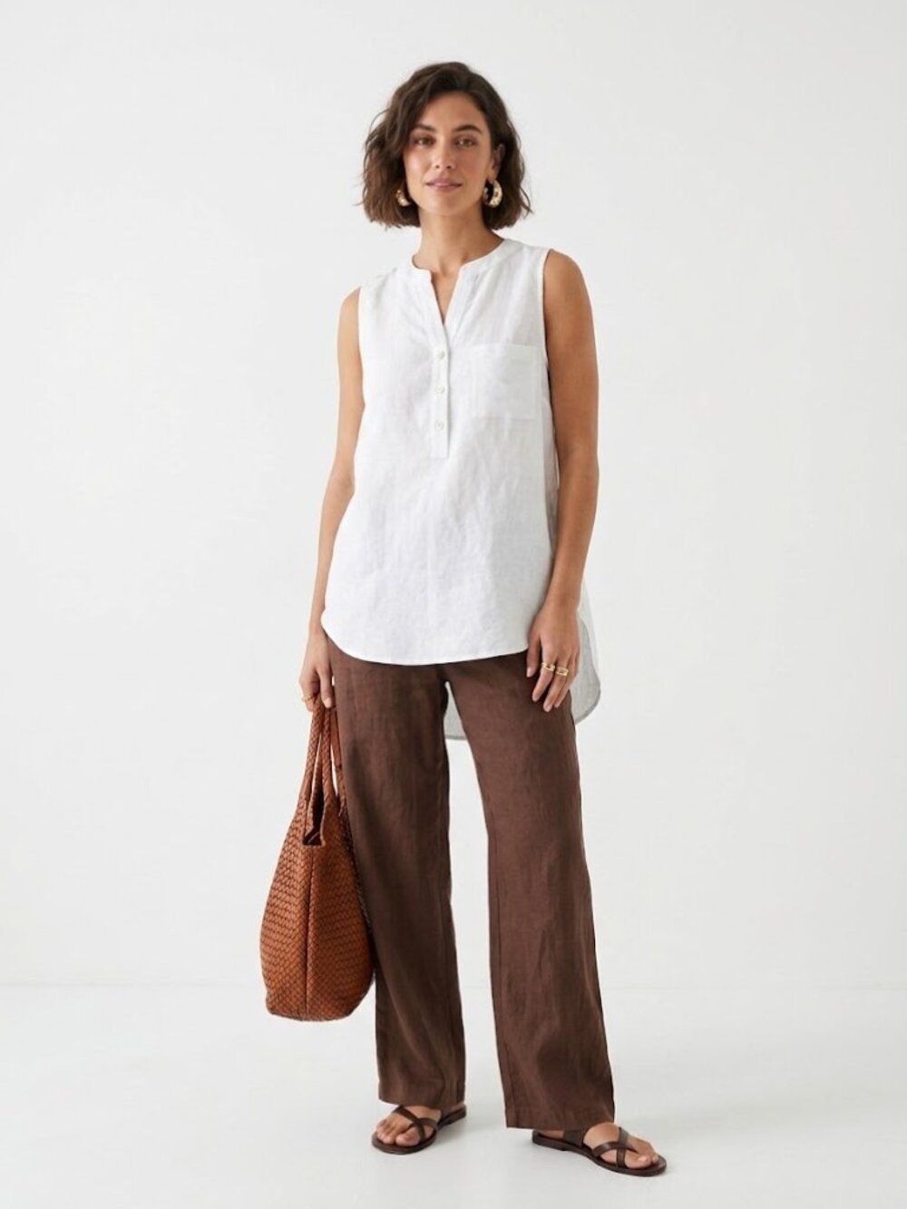 Magaschoni 100% Linen Sleeveless Blouse White Henley Tunic Top M